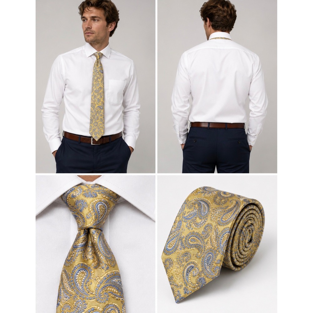 Hi-Brow Mens Silk Necktie Gold Blue Paisley Hand Made Formal Business Tie